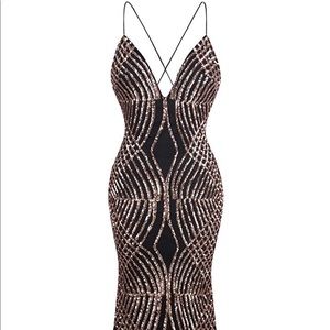 Long spaghetti Strap Black & Rose Gold Ball Gown